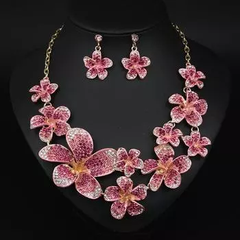 Преувеличенная роскошь полный бриллиантовый цветок ожерелье серьги комплект банкетное платье женские аксессуары розовый