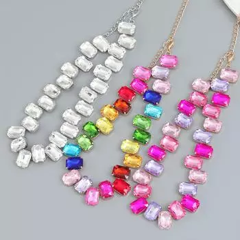 Преувеличенное бриллиантовое колье в европейском и американском стиле - женское, квадратное, стеклянное, с бриллиантами, банкетный аксессуар серебряный