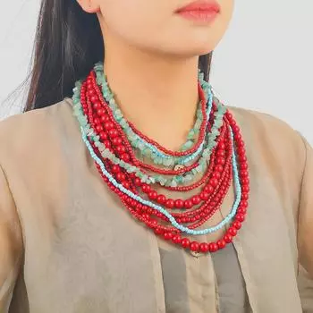 Преувеличенное многослойное ожерелье из натурального гравия с бусинами: Европейская и американская роскошная ручная работа, наборная ключичная цепочка