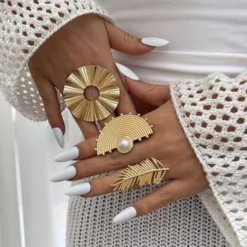 Преувеличенное нерегулярное кольцо из сплава в форме пера, открывающееся в стиле Ins, геометрические кольца с имитацией жемчуга для женщин, очаровательные ювелирные изделия