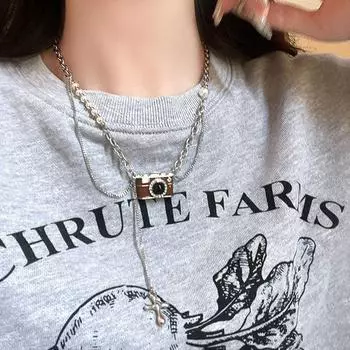 Преувеличенное ретро коричневое ожерелье с камерой Женская индивидуальность Горячая хип-хоп мода Тенденция Темперамент Универсальная цепочка на шею Цепочка на свитер