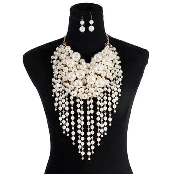 Преувеличенное ювелирное ожерелье женское, многослойная цепочка на шею с бахромой из искусственного жемчуга, ювелирные изделия синий