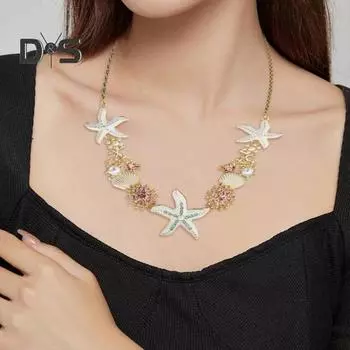 Преувеличенное женское ожерелье на тему океана, морская звезда, коралловая ракушка, ажурный искусственный жемчуг, декор со стразами, регулируемая длина, женские украшения для отдыха на пляже, шеи синий