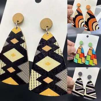 Преувеличенные бохо деревянные серьги-подвески Серьги Полосатые Разноцветные 7.2*3.7cm чёрный
