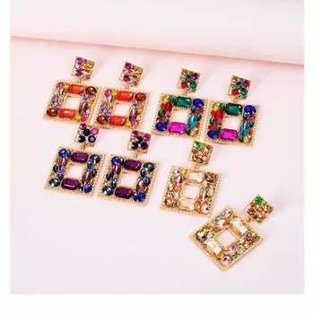 Преувеличенные дворцовые красочные стразы из сплава, квадратные серьги-подвески, аксессуары, подарок, большие висячие серьги с кристаллами, ювелирные изделия синий