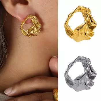 Преувеличенные французские плиссированные геометрические серьги-гвоздики неправильной формы из титановой стали с гальваническим покрытием из 14-каратного золота, персонализированные серьги