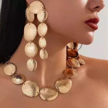 Преувеличенные готические гранжевые комплекты украшений для женщин Винтажные круглые пайетки Длинные кисточки Серьги-подвески Овальный чокер Комплект ожерелья Креативная текстура Панк Подарок