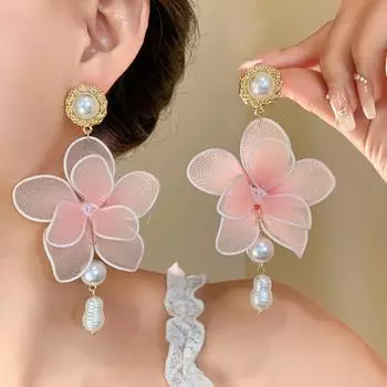 Преувеличенные пляжные серьги, милые лепестки, серьги-гвоздики, изысканные сетчатые цветочные серьги-подвески для вечеринки белый