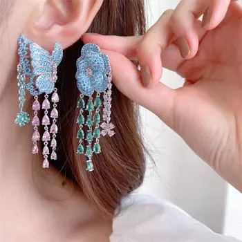 Преувеличенные серьги для тяжелой промышленности с роскошными легкими цирконами и высококачественными серьгами с кисточками и цветами-бабочками