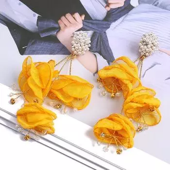 Преувеличенные серьги с длинной кисточкой в виде большого цветка, серьги-гвоздики с большим цветком в стиле легкой роскоши, ювелирные подарки жёлтый
