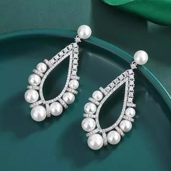 Преувеличенные серьги с жемчугом в стиле ретро, серьги с жемчугом в форме капли воды, слегка инкрустированные циркониевые серьги, французские жемчужные серьги, подвеска.