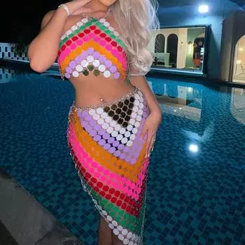 Преувеличенные сексуальные пайетки, разноцветное ожерелье ручной работы из бисера, бюстгальтер с блестками и юбка, акриловый набор с блестками, аксессуары для одежды с блестками круглой формы для женщин,