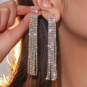 Преувеличенные супер-блестящие серьги с бахромой в виде буквы H с бриллиантами, модные легкие роскошные длинные серьги высокого класса, новые серьги. золотой