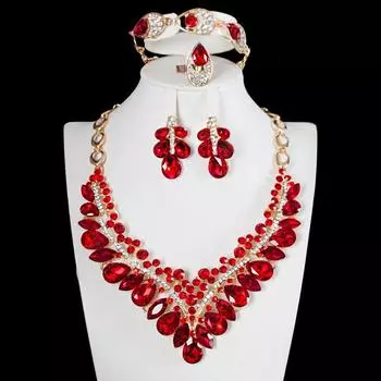 Преувеличенные ювелирные изделия Кристалл Драгоценный Камень Ожерелье Серьги Четыре Части Женское Платье Аксессуары Для Ужина красный