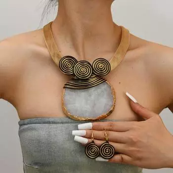 Преувеличенный великолепный геометрический кулон из необработанной руды, цепочка на ключицу, банкетное ожерелье, набор серег для женщин небесно-голубой