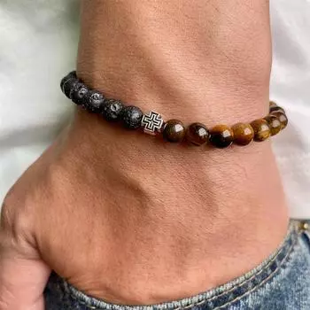 Превосходное качество 6 мм вулканический камень крест натуральный камень бусины браслет модный мужской женский браслет