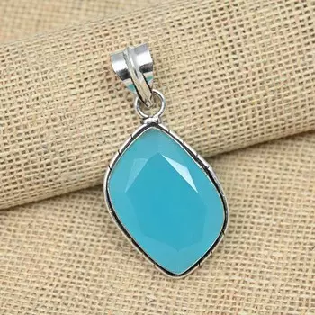 Превосходный синий халцедоновый драгоценный камень 925 пробы Серебряные украшения Прекрасный кулон 1.96 Inches синий
