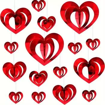 Превратите свою вечеринку в честь Дня святого Валентина в Страну чудес с набором из 16 подвесных украшений в форме сердец - 3D-украшения в форме красных фольгированных сердец для деревьев