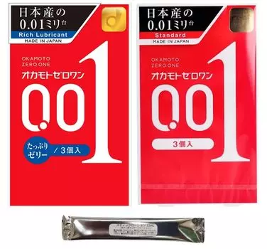 Презерватив Okamoto Zero One 001 001 Много желе Контрацептив Кожаный презерватив Набор Okamoto с 1 стик-лосьоном (3 куска) & (3 куска) 0,01 мм 2-х компонентный