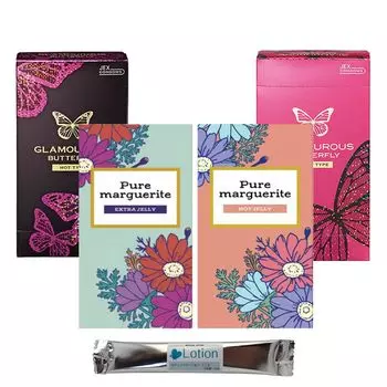 Презервативы Okamoto Pure Margaret Blue EXTRA Pure Margaret Red HOT Glamorous Butterfly Hot 1000 Moist 1000 4 коробки набор с 1 лосьоном Gel plenty JEX