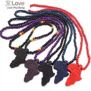 Прибытие Карта Африки Ожерелье Для Мужчин И Женщин Деревянный Кулон Бисерная Строка Ожерелье Хип-Хоп Ювелирные Изделия