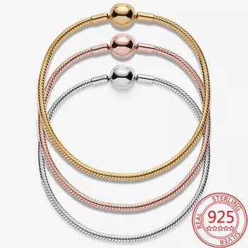 Прибытие Стерлингового Серебра 925 Змеиная Цепочка Позолоченный Браслет с Круглой Застежкой Брендовые Очаровательные Ювелирные Изделия Базовый Набор Браслетов Подарок 21cm
