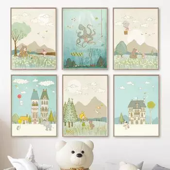 Причудливые морские животные, кит, осьминог, детская настенная живопись, холст, скандинавский постер и принты, настенная картина, декор детской комнаты 21x30cm No Framed