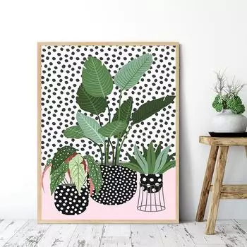 Причудливые скандинавские растения в пятнистых вазах Картина на холсте Ботанический постер и принт Гостиная Спальня Настенная картина Домашний декор 21cm30cm NoFrame