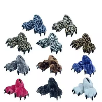 Причудливые теплые плюшевые тапочки с рисунком леопардовой лапы на осень и зиму для дома для мужчин и женщин