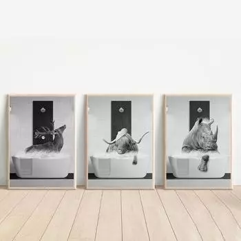 Причудливые животные для ванной комнаты, черно-белые настенные художественные фотографии, забавные принты носорога, винтажные абстрактные детские картинки для туалета, домашний декор 21x30cm No Framed