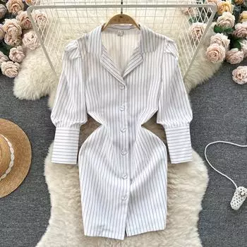 Пригородная женская одежда 2024, ранняя весна, новый дизайн, Sense, пышные рукава, облегающее облегающее короткое платье в полоску в стиле ретро, женское платье S белый