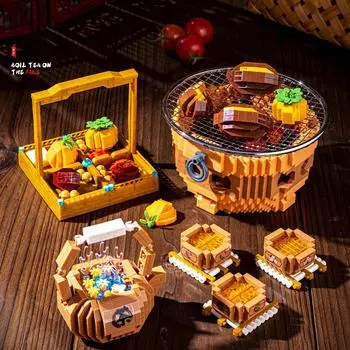 Приготовление чая вокруг плиты, собранные из микрочастиц строительные блоки, китайские украшения, детские развивающие игрушки Without box