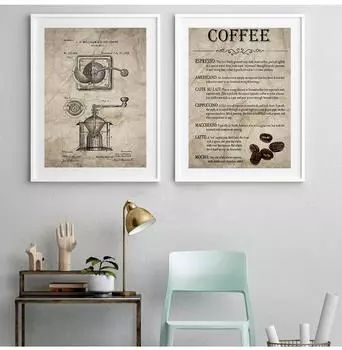 Приготовление кофе, винтажный плакат с принтом кофеварки и кофейных зерен, настенная живопись на холсте, виды кофе, картина для домашнего декора без рамки 21*30cm