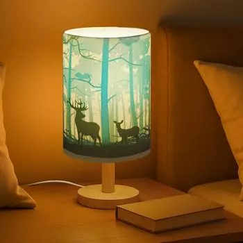 Прикроватная лампа для чтения с деревянным основанием на тему оленей для ночи, кровати, гостиной, дома и декора - цилиндрические абажуры для комнаты со светом (Лампочка в комплекте)