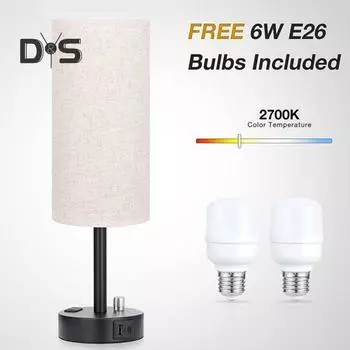 Прикроватная настольная лампа с портом зарядки USB-A и USB-C, 6 Вт, плавная регулировка яркости, абажур из льна, тумбочка для гостиной, спальни, сенсорный светодиодный настольный светильник(США EU