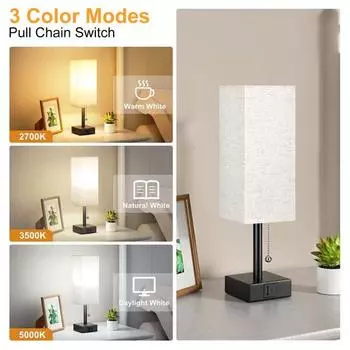 Прикроватная настольная лампа с трехцветной температурой без мерцания, маленькая прямоугольная ночная лампа с портом для зарядки EU светло-серый