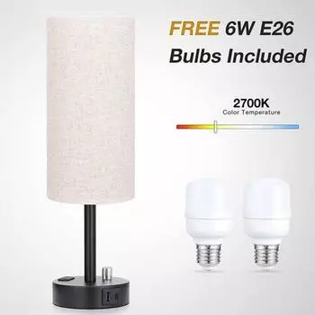 Прикроватная настольная лампа с зарядным портом USB-A USB-C Лампа 6 Вт с плавной регулировкой яркости льняного абажура Гостиная Спальня Прикроватная тумбочка Сенсорный светодиодный стол EU