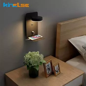 Прикроватная светодиодная настенная лампа с полкой для спальни, интерфейс зарядки USB, регулируемый с выключателем, кронштейн для хранения, 12 Вт, настенный светильник 3 Color Temperature