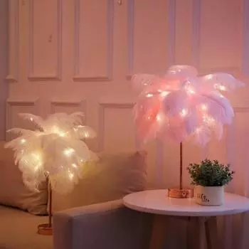 Прикроватная тумбочка, светодиодная лампа, перо, медный провод, пульт дистанционного управления, настольный светильник для гостиной белый