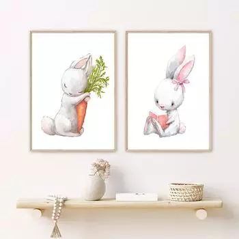 Прилежный кролик акварель животных мультфильм стены книги по искусству холст картины плакат на скандинавскую тему фотографии для детской комнаты для девочек Декор в спальню 21*30cm