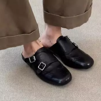 Прилив не на юг~ однопедальные двубортные кожаные черные туфли-мешки женские ретро универсальные квадратные полутапочки 35 коричневый