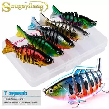 Приманка для ловли окуня, многосоставная приманка для плавания, 7 сегментов, реалистичная форель, крючок для верхней воды, твердые приманки 5Pcs Lures With Box