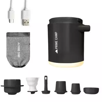 Prime Camp Air Pump Электрический воздушный насос Ультралегкий мощный насадки с подсветкой Воздушный насос 1380 мАч Большая емкость USB перезаряжаемый воздушный насос для вентиляции чёрный