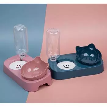 Принадлежности для домашних животных Автоматический питьевой фонтанчик Миска для кошачьей еды Кормушка Контейнер для хранения Защита шеи Нескользящая Двойной регулируемый угол синий