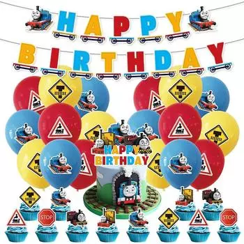 Принадлежности для вечеринки по случаю дня рождения в поезде включают топпер для торта, баннер и воздушные шары.