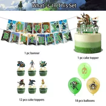 Принадлежности для вечеринок The Legend of Zelda, включая воздушные шары с баннерами и топперы для кексов