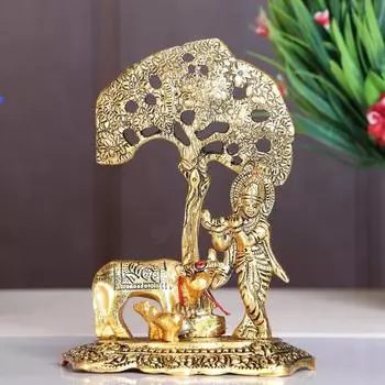 Принц Домашний декор и подарки Металлический Кришна с коровой, стоящей под деревом и играющей на флейте (Золото, 12,5х8х16см.), 1 штука, фигурки;религиозный