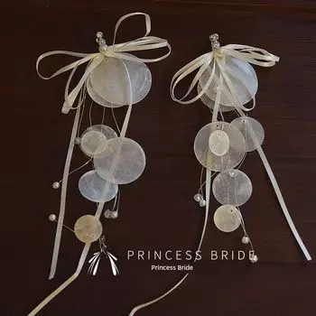 Princess 2025 New Fashion Mother Shell round Piece Bridal Earrings Pendant Sweet Bow Ribbon Ear Clip Accessories Pair of round Bows tassel earring clip