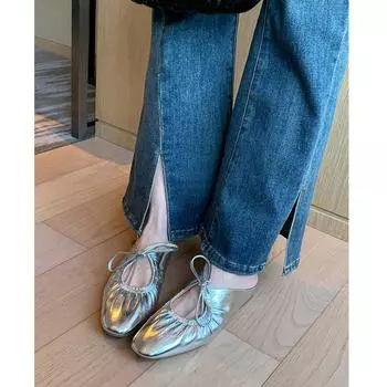 Princess Anne~! French pleated lace-up bag head half slippers women s silver Mary Jane shoes 35 серебряный