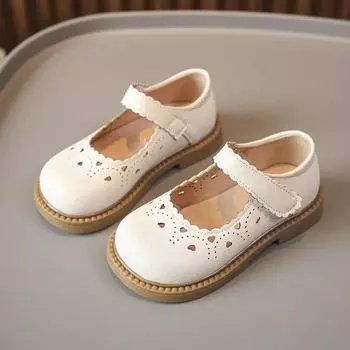 Princess Girls Leather Shoes Hollow Cut-outs Heart Shape Sweet Kids Flats British Style Fashion Spring Autumn New Children Shoes 23 бежевый